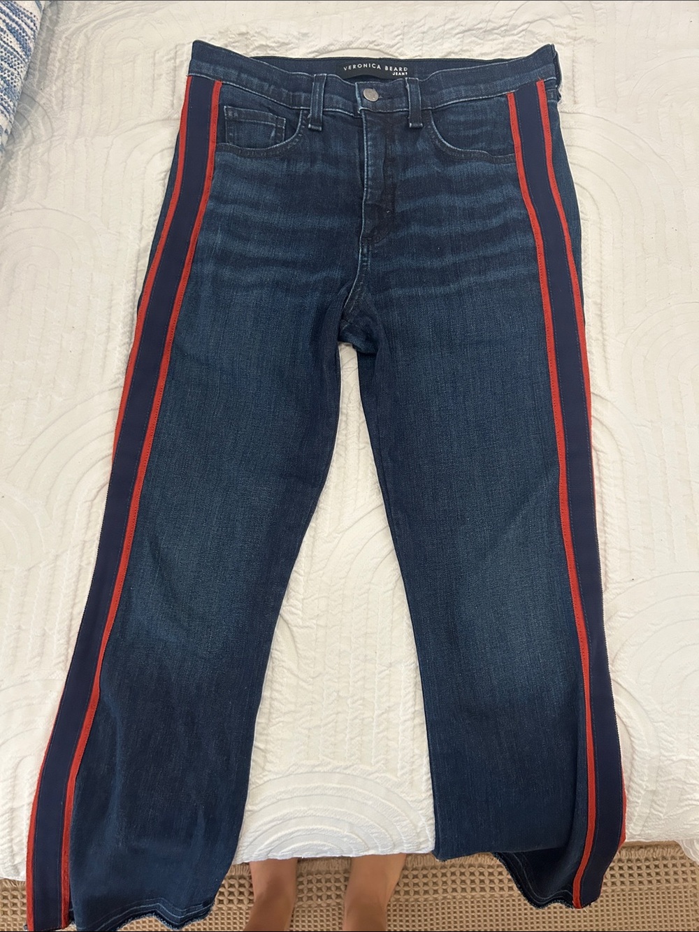 Veronica Beard Dark Blue Bootcut Jeans with Red Side Stripes